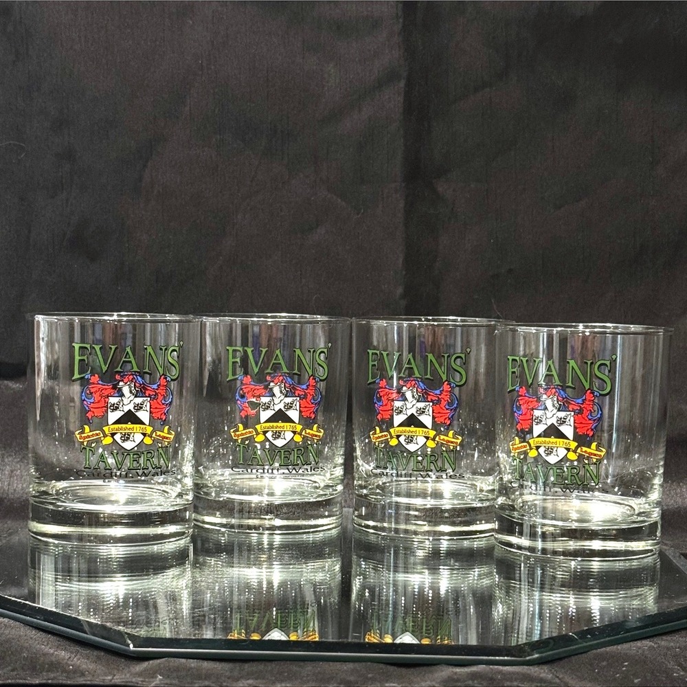 Evans Tavern Cardiff Wales Whiskey Glasses Set of 4 Crest Lowball Rocks Glass